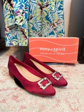 Easy Spirit Women's Burgundy Satin Pointed Toe Flats with Crystal Buckle